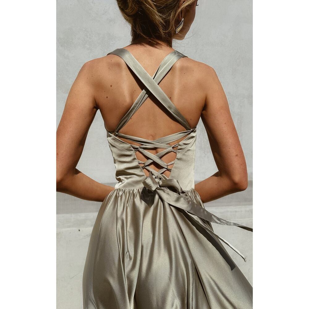 Show Me Your Mumu Abigail Maxi Dress Moss Green Luxe Satin XL NWT